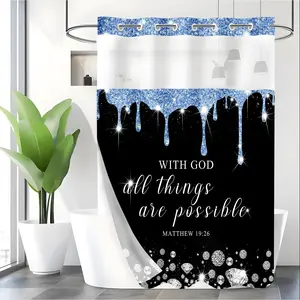 LVRLVR 1pc Luxury Glitter Decorative Style Black Blue Silver Color Diamond Drip Inspirational Slogan Pattern Double Layer Detachable C-Type Large Ring Hook-Free Shower Curtain Bathroom Accessory 70.8"×74"(180×188cm)