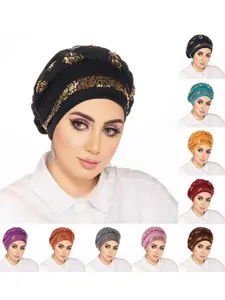Elegant Women's Hat with Sequins, Adjustable Hat, Fashionable Headscarf Cap, Embroidered Braided Design, Stylish All-Over Fit, Perfect Accessory
