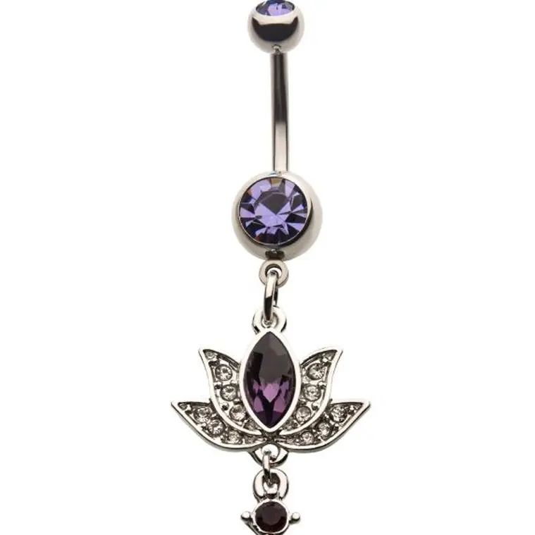 Lotus Flower Purple Gem Belly Ring