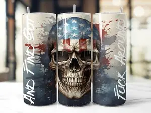 20oz "F*&% Around Find Out" American Flag Skull Watercolor Drip Tumbler with Lid and Straw