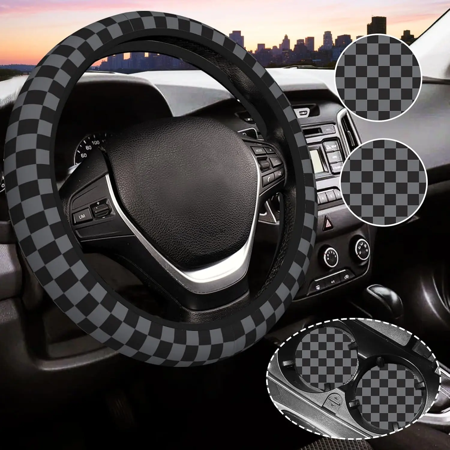 Dark Gray Checkered Steering Wheel Cover Universal 14-15 Inch Car Interior Accessories with 2PCS Car Coasters Suitable for Men and Women