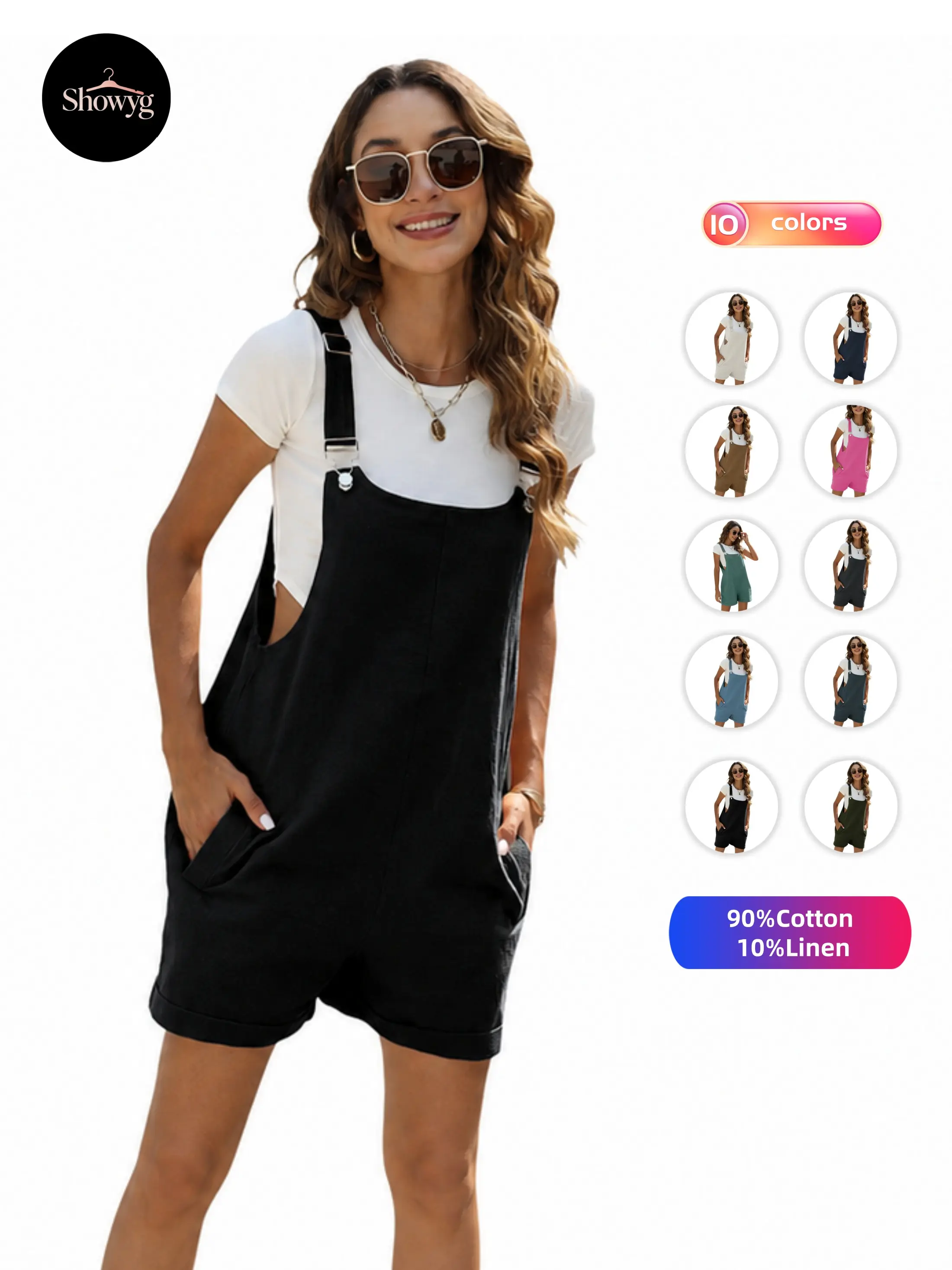 Showyg Women's Cotton Linen Short Overalls Casual Summer Bib Shortalls with Pockets