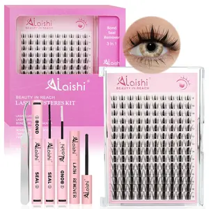 Ailaishi Lash Clusters Kit, DIY Cluster Eyelash Extensions D Curl Natural Lashes with Bond and Seal,Remover, Tweezers–Natural Fake Cat Eye Individual Manga Clusters, Waterproof&Long-Lasting
