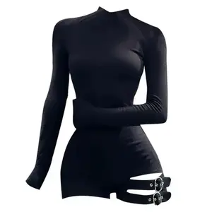Y2K Bandage Jumpsuit - Skinny Long Sleeve Bodysuit, Spice Girl Romper Clothes Womenswear Tops Turtleneck Basic Black Minimalist Can be used with a raincoat