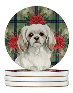 Carolines Treasures WDK8843RCS4 4 x 4 in. White Tibetan Spaniel Christmas Poinsettias Large Sandstone Coasters, Pack of 4