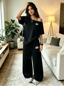 Women Ab Letter Print Off-Shoulder Oversized T-Shirt & Wide Leg Pants Set, Loose Fit, Soft Cotton, Street Style, Casual Loungewear, Streetwear