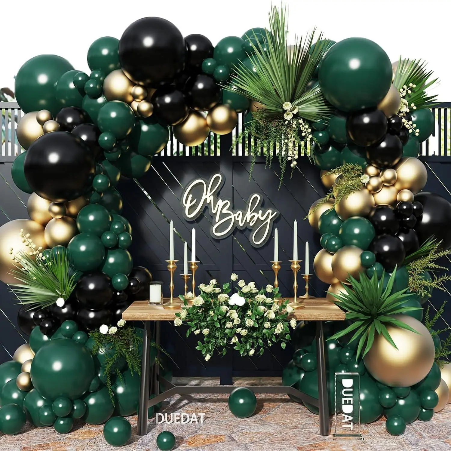 144Pcs Rubber Balloon Garland Arch Kit - Emerald, Forest Dark Green, Black & Gold - Green Black Gold Balloon Decor for Halloween, Birthdays - Home & Festive Supplies for Windows, Dining Tables