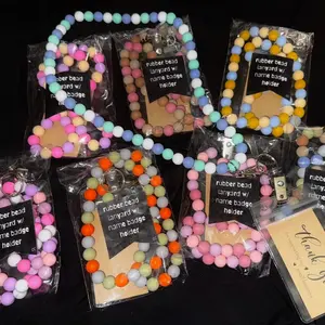 Assorted Rubber Beaded Keychain with Name Badge Holder - Colorful Beads for Stylish Keychains