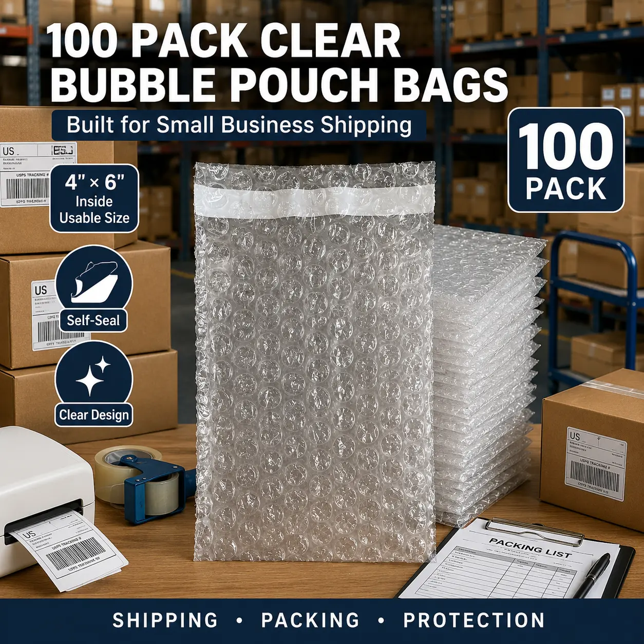 100 Pack 4 x 6 Inch Clear Bubble Pouch Bags, Self-Seal Transparent Bubble Cushion Bags for Small Business Shipping, Jewelry, Cosmetics Samples, Phone Accessories, Cables & Small Parts