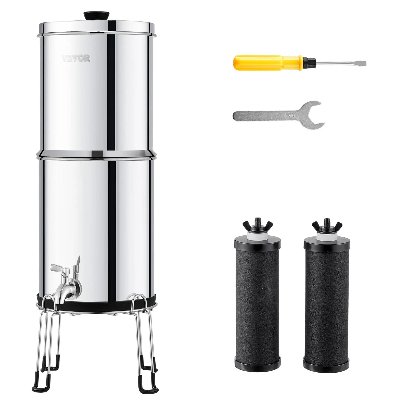 【Summerfinds】VEVOR Gravity-fed Water Filter System, 2.25G 304 Stainless-Steel Countertop Water Filtration System, Reduces Lead and up to 99% of Chlorine, with 2 Carbon Filters/Spigot/Stand, for Home Camping RV