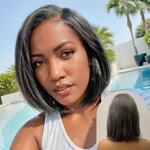 Silver Grey Short Straight Lace Bob Wigs Himan Hair  13x4 Lace Frontal Wigs For Women PrePlucked Real Brazilian Remy Human Hair