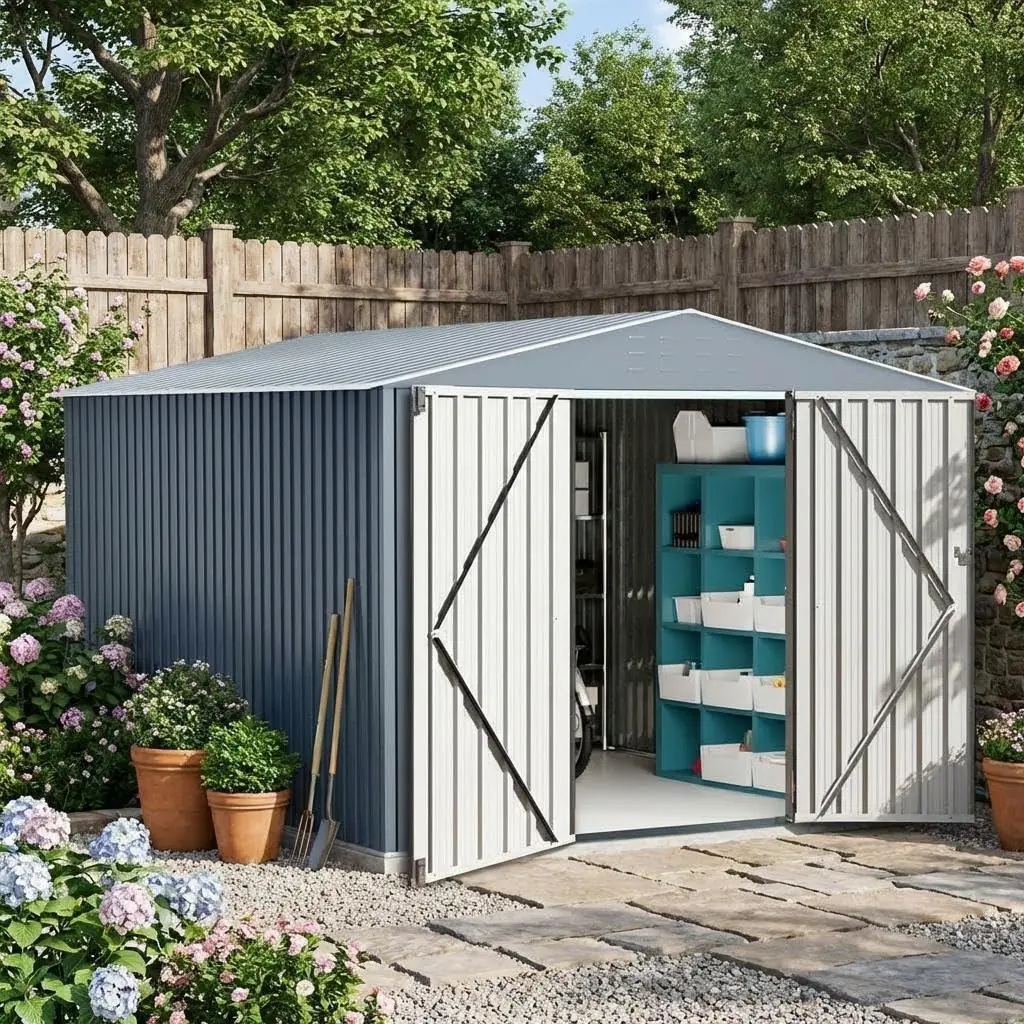Outdoor Metal Storage Shed, 10x12 Ft Galvanized Steel Garden Sheds with Lockable Doors, Extra Large Utility and Tool Storage for Patio Lawn Backyard Outside Use, Gray