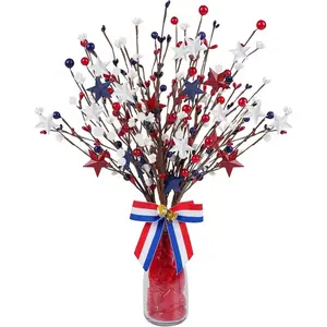 4 Pack Patriotic Artificial Berry Stem Picks White Blue Red Stars for 4th of July Independence Day, Pentagram Faux Berry Branches Decoration for Home Office Restaurant Vase Décor