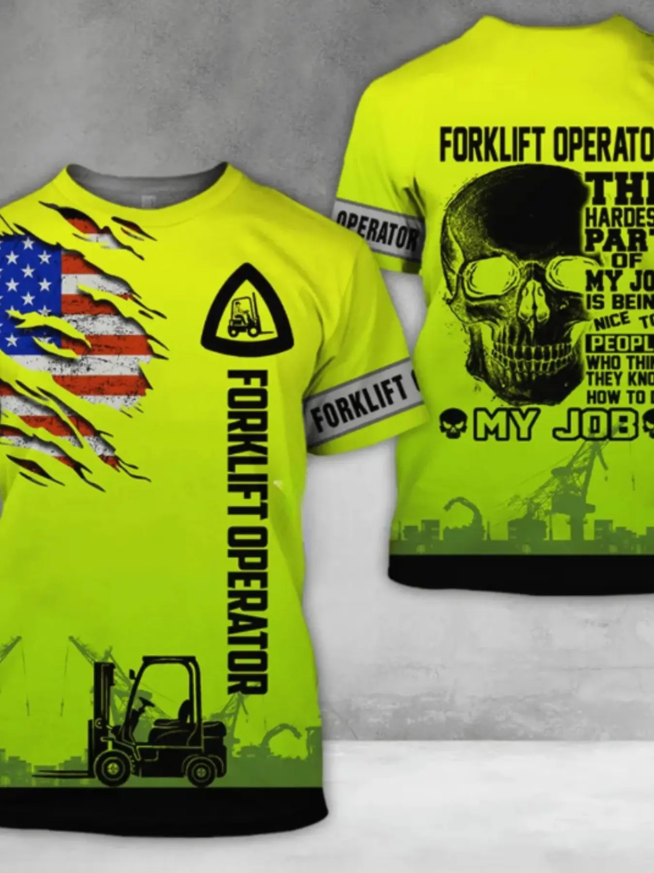 Men's Forklift Driver Work Shirt T-Shirt Top, Bright Fluorescent Color, Print, Regular Fit, Crewneck, Breathable Short Sleeve, Casual Long T-Shirt
