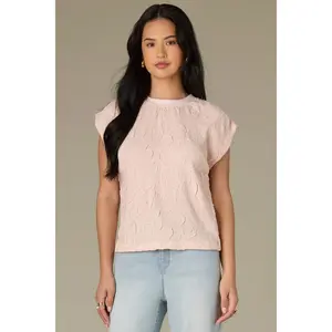 Extended Sleeve Scoop Neck Textured Mixed Media Woven Top