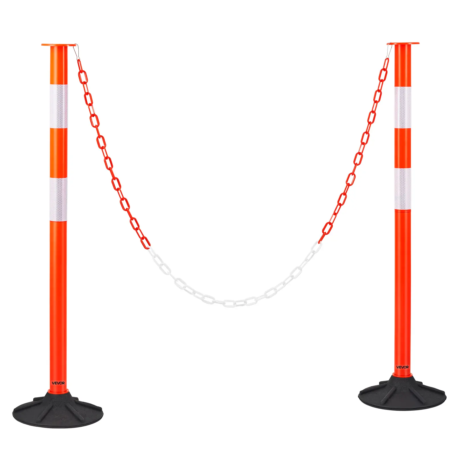 VEVOR 2-Pack 34in Heavy Duty Traffic Delineator Posts, Hi-Visibility Compact Rubber-Coated Safety Cones with Weighted Base, Reflective Strips, Chain Attachment, Arrow-Shaped Top, for Vehicles, Traffic Control, Construction Sites