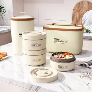 3/4 Pcs Insulated Bento Box | Stainless Steel Round Microwave Safe Containers | Stackable Leakproof with Beige Insulated Bag for Adults