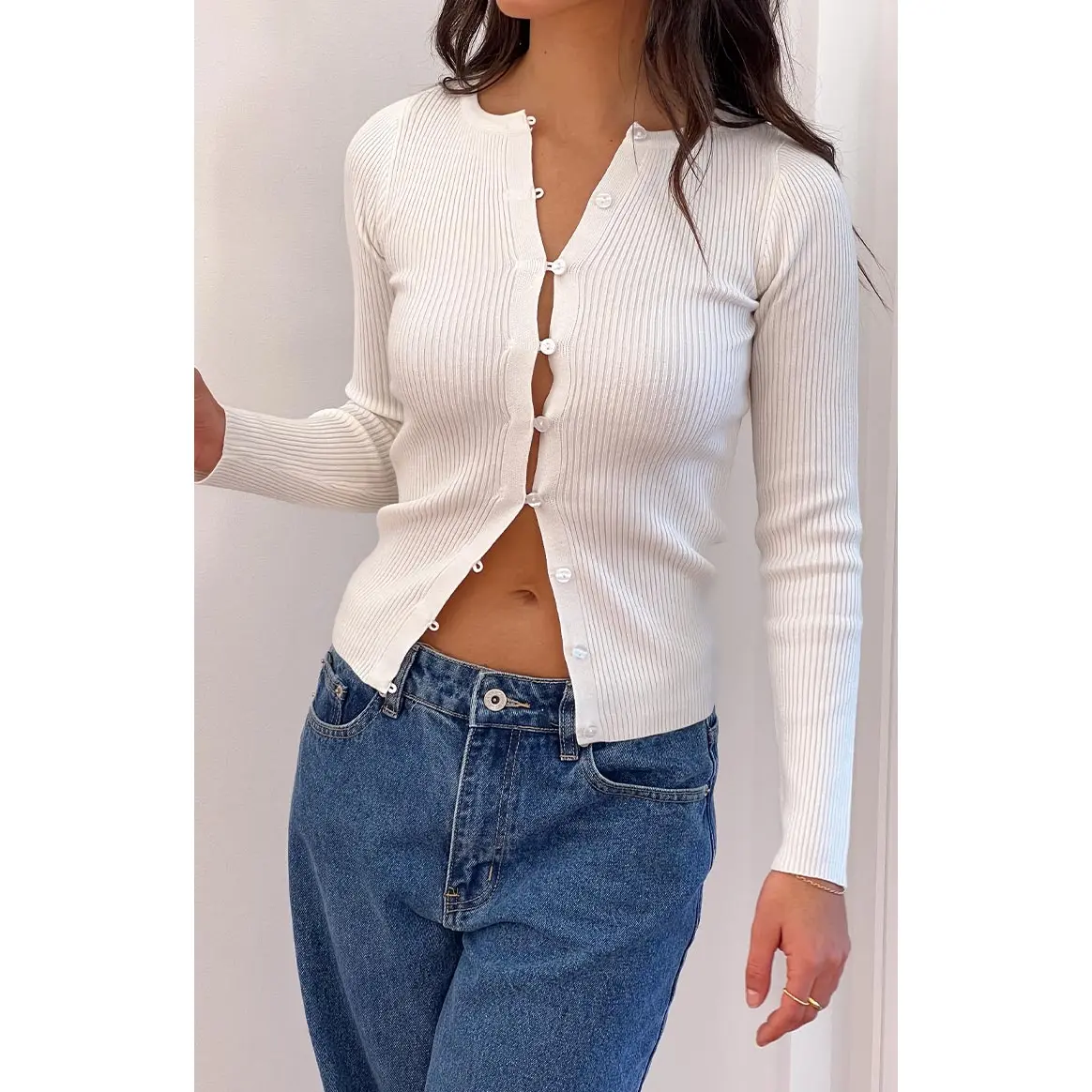Kippy White Ribbed Knit Button Up Long Sleeve Sweater