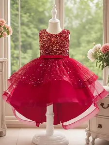 Girl's Contrast Sequin Embellishments High Low Hem Tiered Layer Mesh Dress, Elegant Formal Attire Bow Decoration Sleeveless Round Neck Party Dress for Kids, Tiered Dresses, Kids Clothes for All Seasons, Birthday Party Dresses
