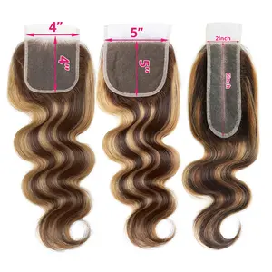 2x6 4x4 5x5 Lace Closure Brown Highlight Body Wave Human Hair Bundles 12-20inch Deep Part Transparent Lace Closure