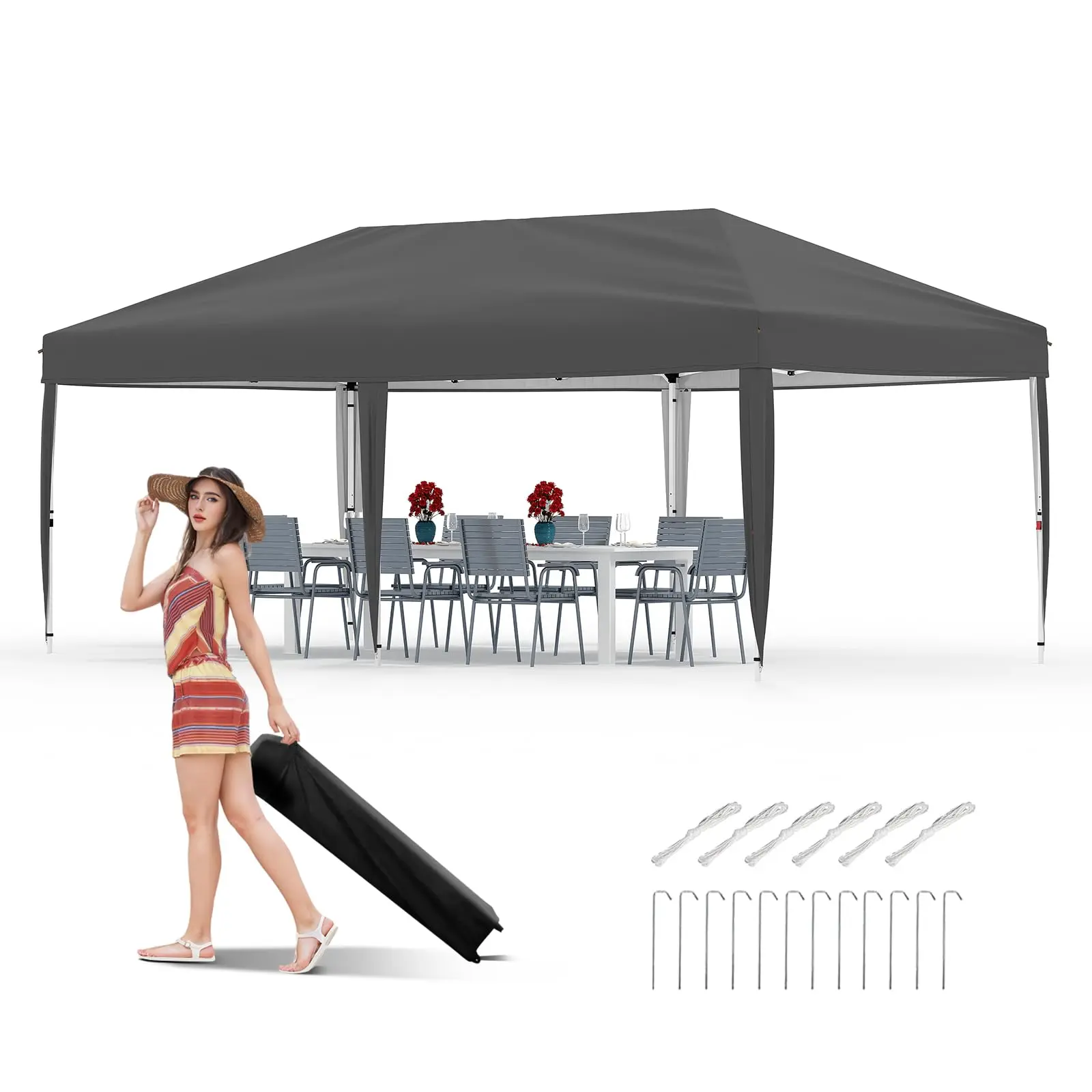 10x20 Heavy Duty Pop Up Canopy Tent, Commercial Instant Outdoor Shelter with Easy One-Person Setup & Adjustable Height Event Tent, No Sidewalls, Uv Protection, Steel Frame, Instant Setup
