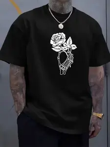 Men's Skeleton Hand Holding Rose Print Short-Sleeve Top Dark Line Style Design Comfortable Fit Suitable for Trendy Outfits, Daily Outings & Multi-Scenarios Stylish Wear