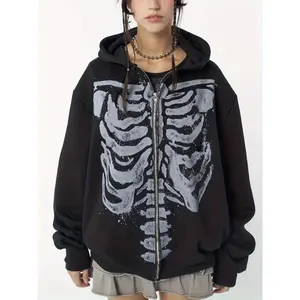 Women's Y2K-Inspired Skeleton Print Zip-Up Hoodie - Stretchy Knit Fabric, Long Sleeves with Pockets, Machine Washable, All-Season Streetwear Womenswear Collar Polyester Sweatshirts Tops Comfort Black Pullover Halloween Clothes Costumes Cosplay