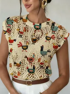 Elegant Women's Cartoon Rooster Print Sweater, Casual Sleeveless Knit Top, Breathable Daily Wear, Perfect for Spring Summer Fall Winter