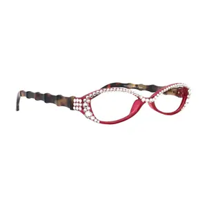 Lucky, Bling Reading Glasses, High End Readers +1.25 +1.50 +1.75 .. +3 Cat Eye. Bamboo Temple. (Red) Optical Frames NY Fifth Avenue. Lightweight Unisex