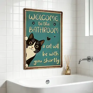 Vintage Retro Funny Cat Tin Metal Wall Sign, Lightweight Home Bathroom Door Decoration, Gift for Pet Lovers (Home Supplies Plaque)