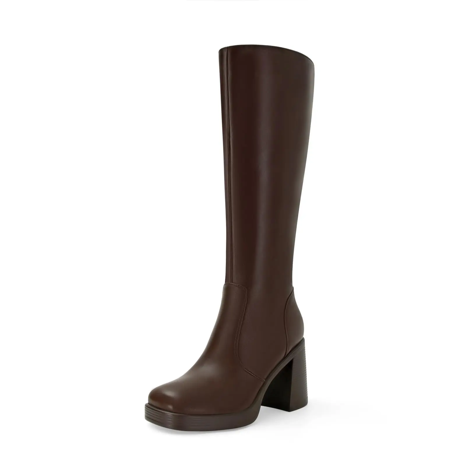 SOVANYOU  Brown Chocolate Leather Boots Platform Boots for Women Fashion Square Toe Chunky Block Heeled Boots Side Zip