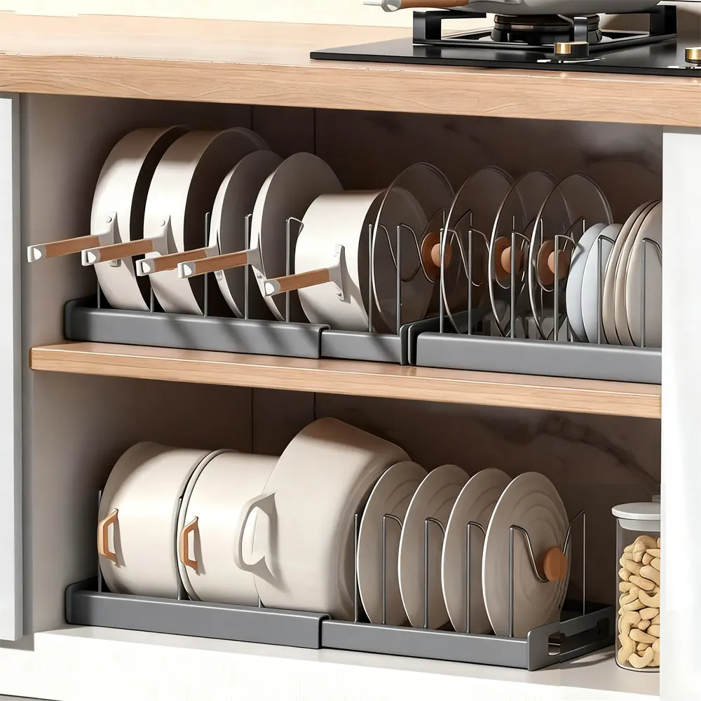 Expandable Pot and Pan Organizer Rack for Cabinet, Pot Lid Organizer Holder with 7 Stainless Steel Adjustable Dividers for Kitchen Cabinet Organizer and Storage (White)