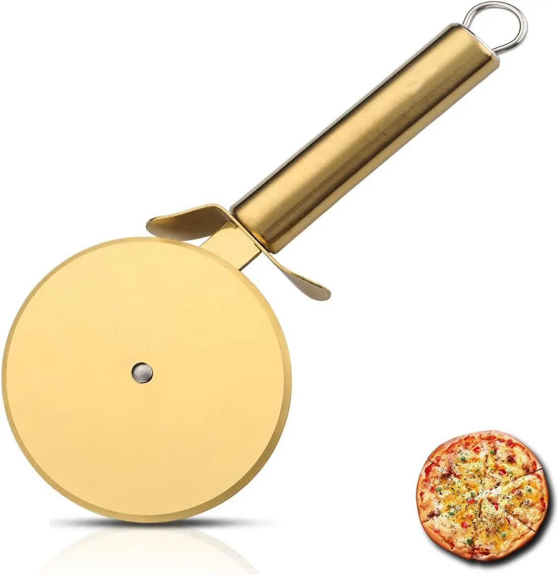Gold Plating Stainless Steel Pizza Cutter Wheel - Sharp Home Kitchen Gadget Utensil with Comfortable Cutting Handle, Utensils, Round Blade