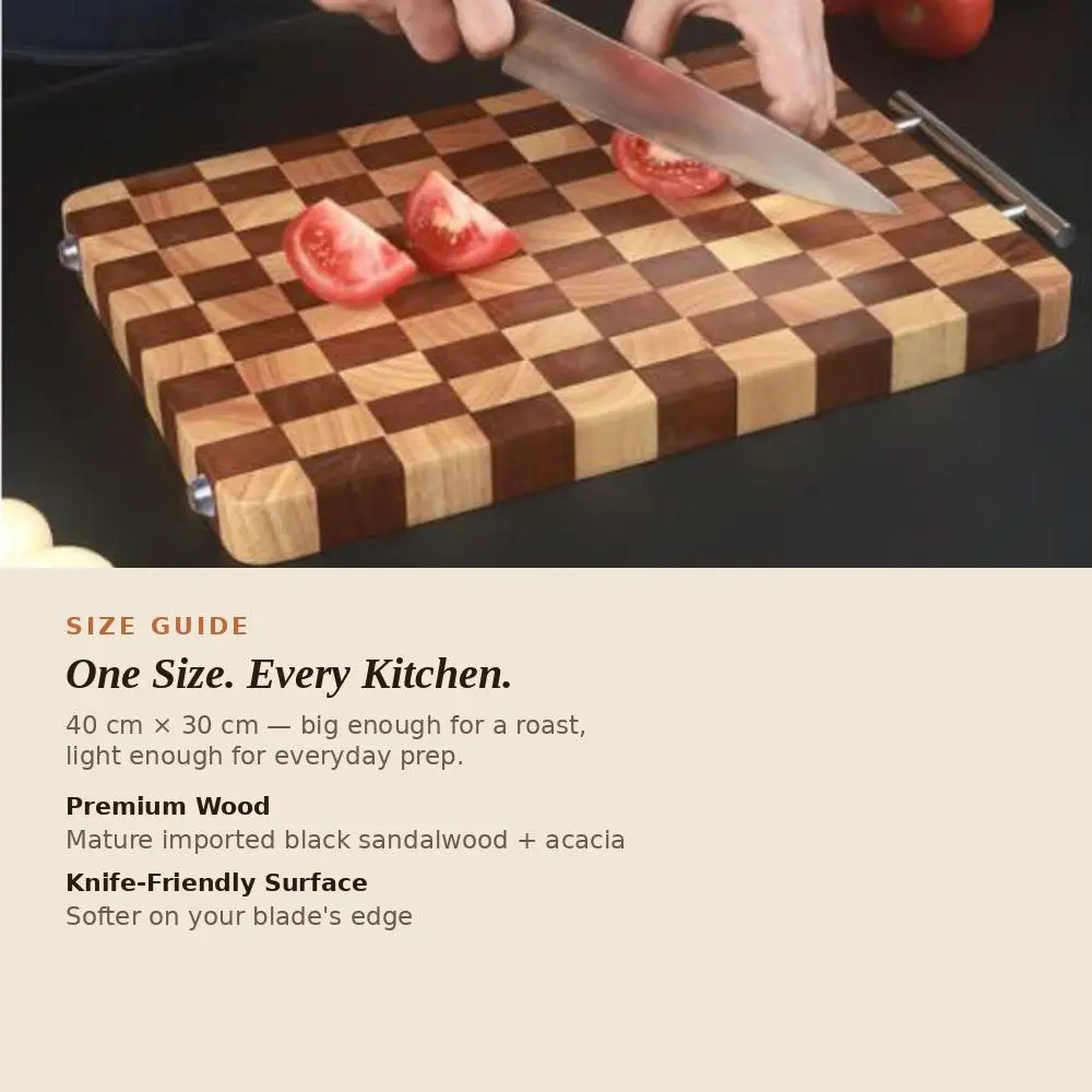 Wood Cutting Board and Chopping Board - Black Sandalwood & Acacia Checkerboard Butcher Block, Antibacterial Wood Board with Handle