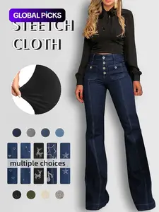 Women's Plain Flare Leg Jeans with Button & Pockets , Casual Bell Bottom Trousers for Daily Wear, Ladies Bottoms for All Seasons