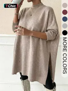 Women's Solid Color Mock Turtleneck Sweater, Casual Loose Long Sleeve Jumper for Fall & Winter, Fashion Ladies' Knitwear for Daily Wear