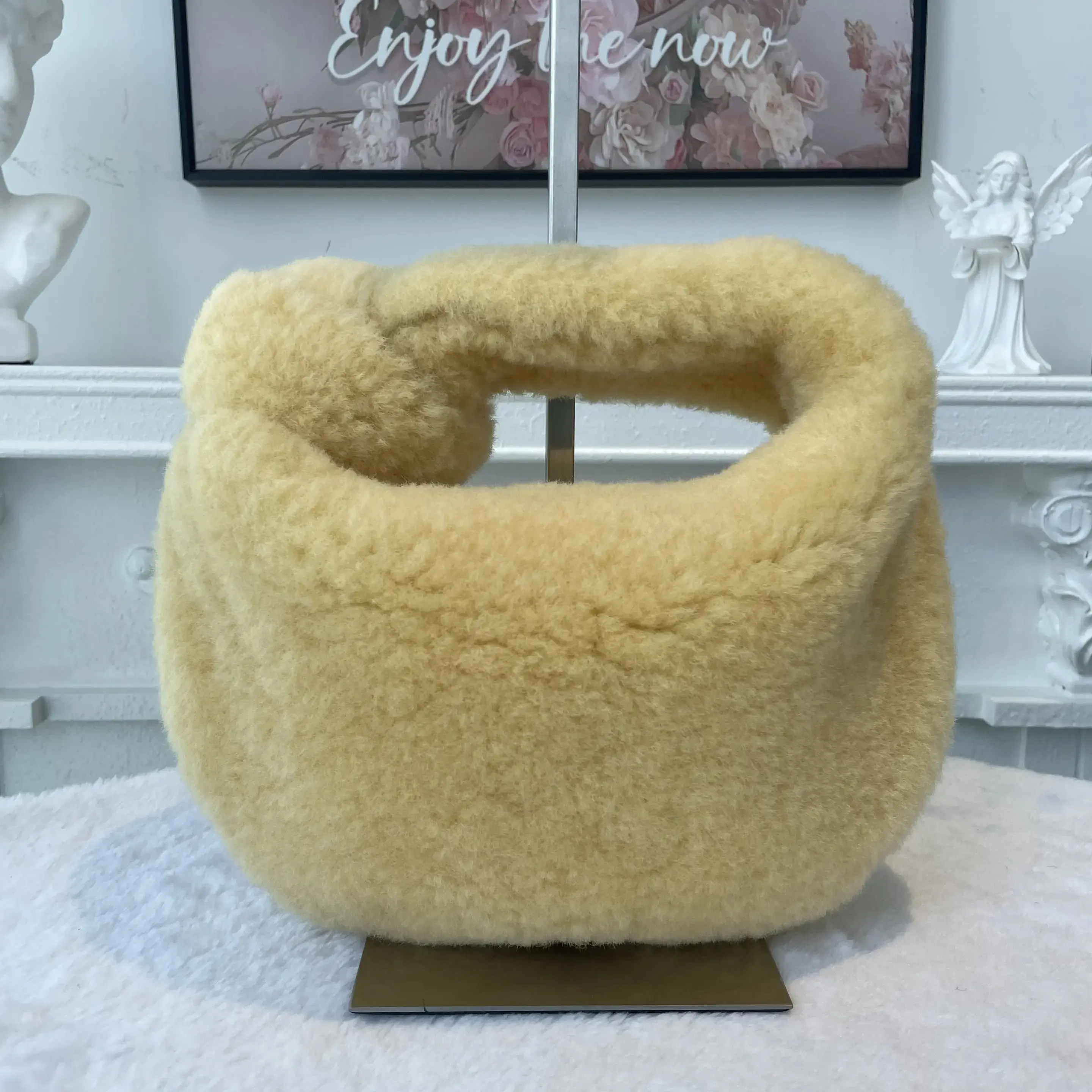 Pre-owned BOTTEGA VENETA wool Top Handle Bag BJ1109904055 Jodie Mini Shearling Butter Yellow Top Handle Bag