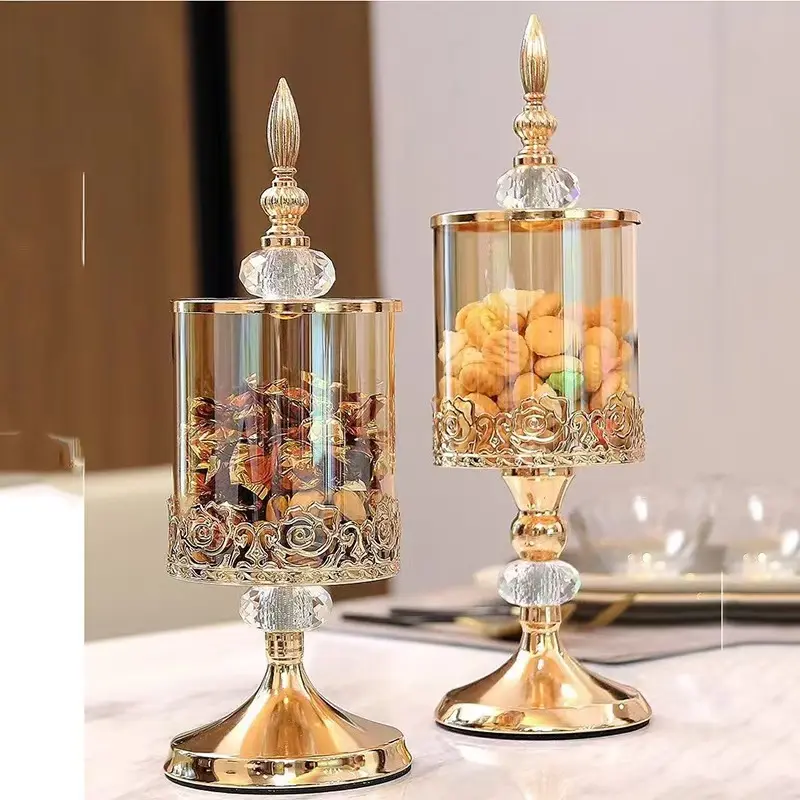2 Pack French Gold Rose Collection Series Candy Jar, Vintage Glass Storage Jar With Lid - European Chic Candy Jar For Living Room Decor, Coffee Table Accent & Desktop Showcase, Aesthetic Home Accent For Sweet Treats Cake Stand, Gift, Set