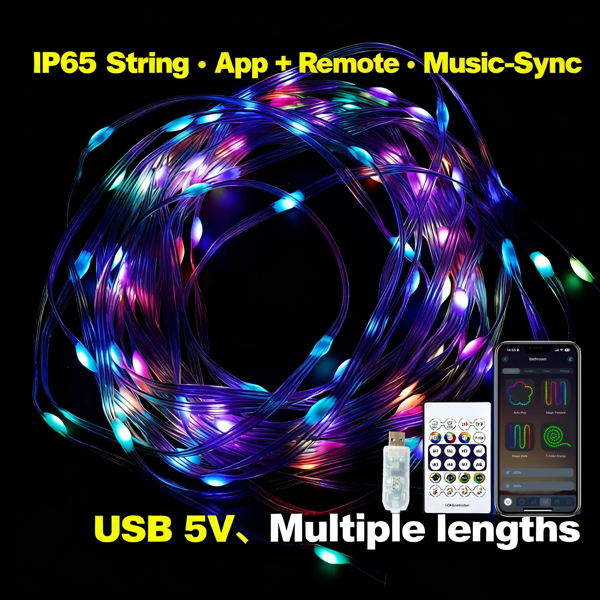 RGB LED Lights with Music Sync, App & Remote, IP65 Waterproof (String), USB 5V Safe — Bedroom, Bathroom, Hallway, Living Room, Gaming Room, Halloween/