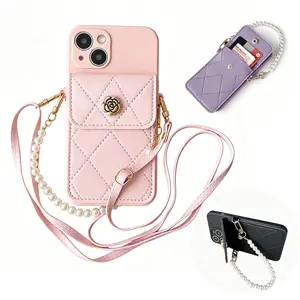 (Case & Nova.)Quilted Card Holder Phone Case with Camellia Flower & Pearl Chain, Crossbody Leather Protective Cover for Women, Compatible with iPhone 17 Pro Max, 16, 15, 14, 13, 12, 11, XSMAX purse