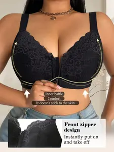 Plus Size Front-Zip Gathered Lift Bra with Wide Straps for Pressure-Free Comfort Full-Cup Underwear, Comfortably Fitted with All-Around Support Stylish Design Suitable for Everyday Wear Ideal for Plus-Size Women Year-Round