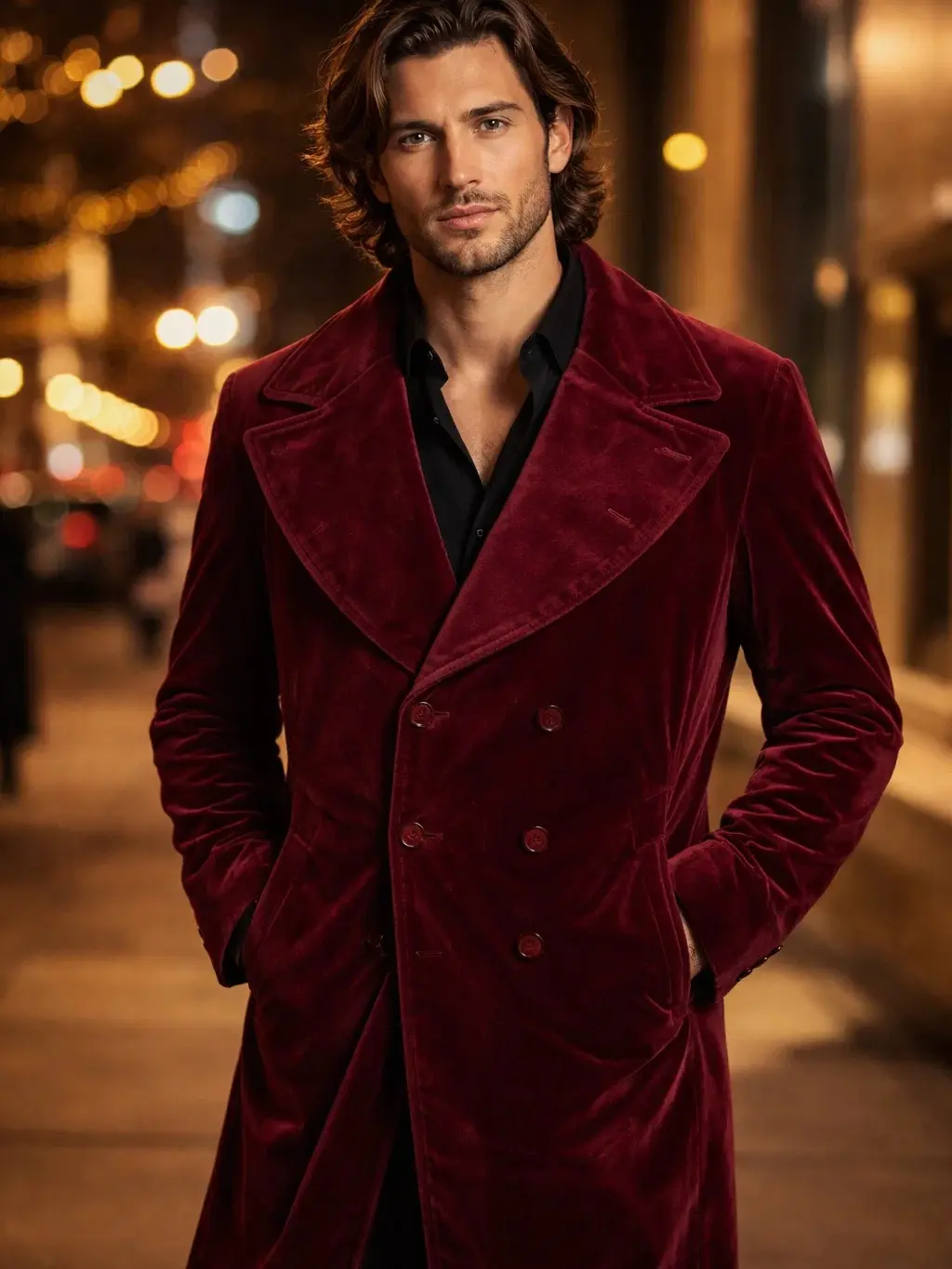 Maroon Velvet Sci-Fi Frock Coat Vintage Double-Breasted Great Coat for Stylish Outfits with Premium Velvet Material Regular Tailored Fit Knee-Length Design