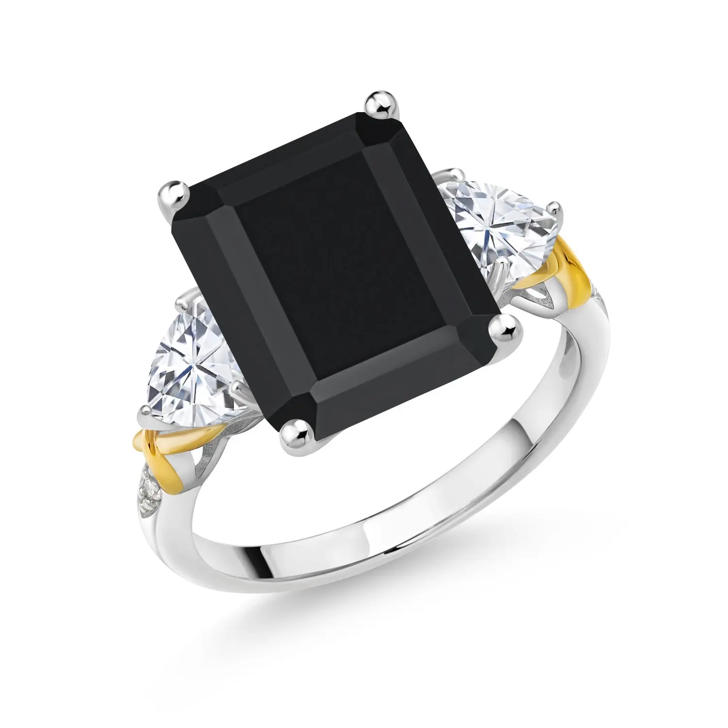 6.73 Cttw Black Onyx Moissanite and Diamond 3 Stone Ring For Women | 925 Silver and 10K Yellow Gold | Gemstone Birthstone | Emerald Cut 12X10MM