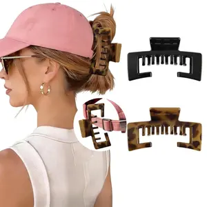 Large Hair Clips for Baseball Cap Double Layer Teeth Tortoise Shell Rectangle Hair Clips for Hat Strong Hold Big Claw Clip Non Slip Baseball Jaw Clips Hair Accessories