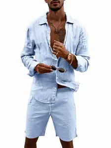 Men's 2 Piece Linen Outfit Set, Pure Color Light Wash Long Sleeve Loose Button Down Shirt & Shorts, Lightweight Breathable Fabric, Classic Casual Beach Suit for Summer Vacation & Resort Wear, Matching Menswear