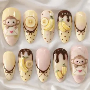 Handmade Kawaii Monkey Banana Press On Nails, Cartoon 3D Nail Art Set Nail Art Kit Nail Box