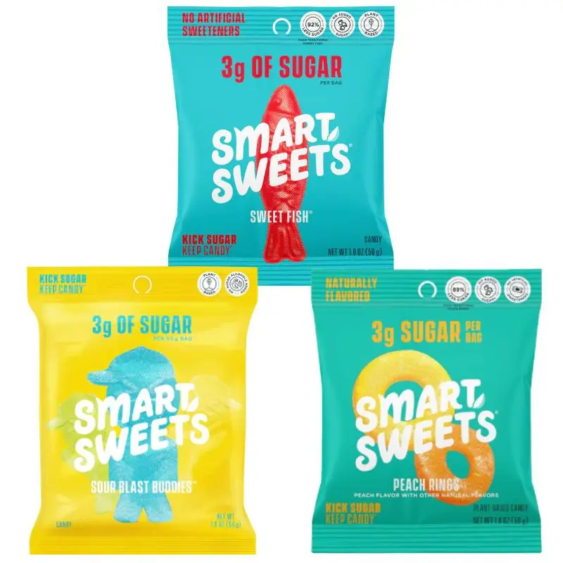 SmartSweets Trio Pack Sweet Fish Peach Rings & Sour Blast Buddies Low Sugar Gummy Candy Variety 3g Sugar Keto Friendly Gluten Free