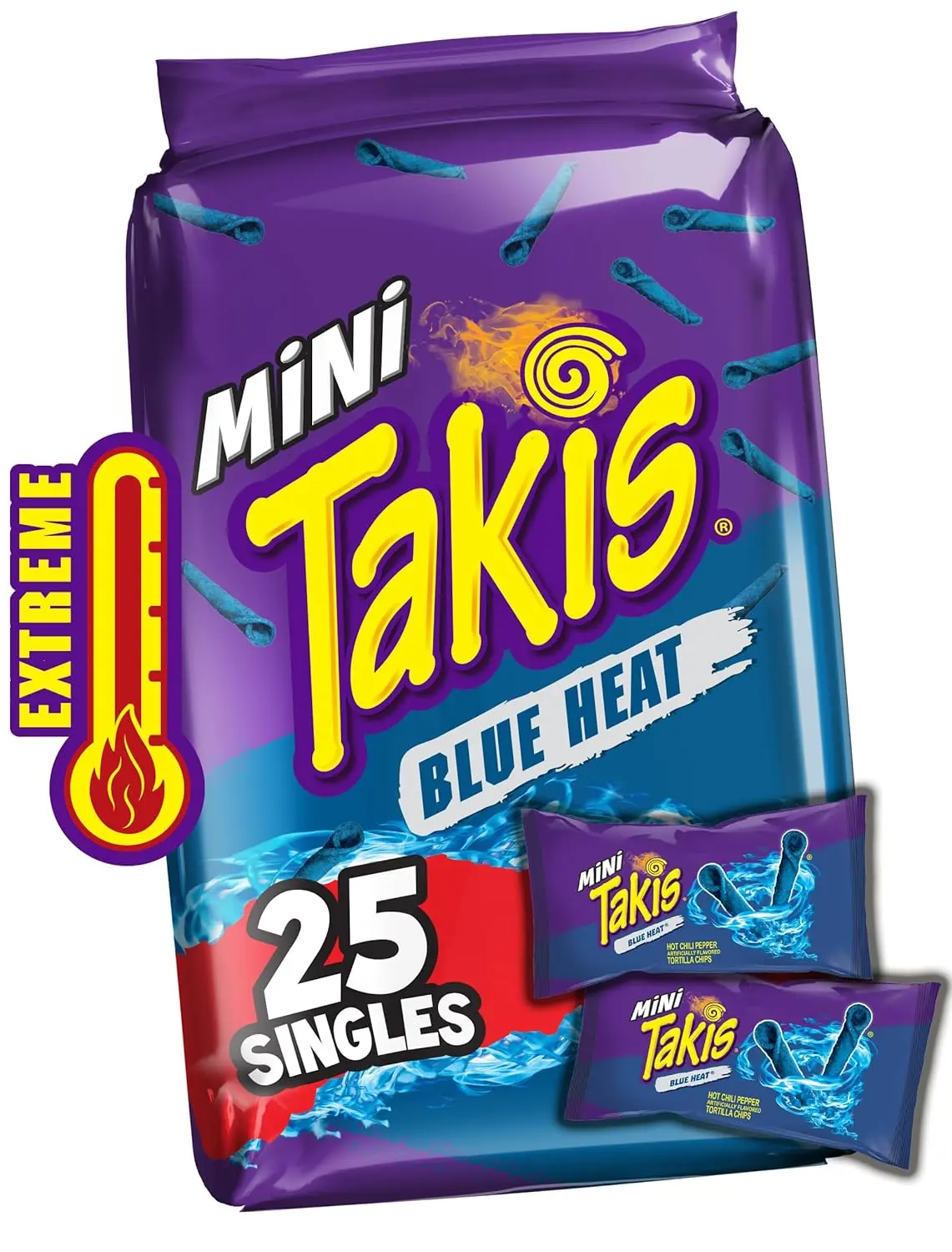 Takis Blue Heat Mini Crunchy Corn Chips Pouch - Kosher, Ambient 25-Piece 1.23 oz Bite-Size Multipack, Extreme Spicy Hot Chili Pepper Flavored Rolled Vegetarian Food and Snacks, Quick Snack, 1.92 lbs, 24-Month Cupboard Storage Shelf Life