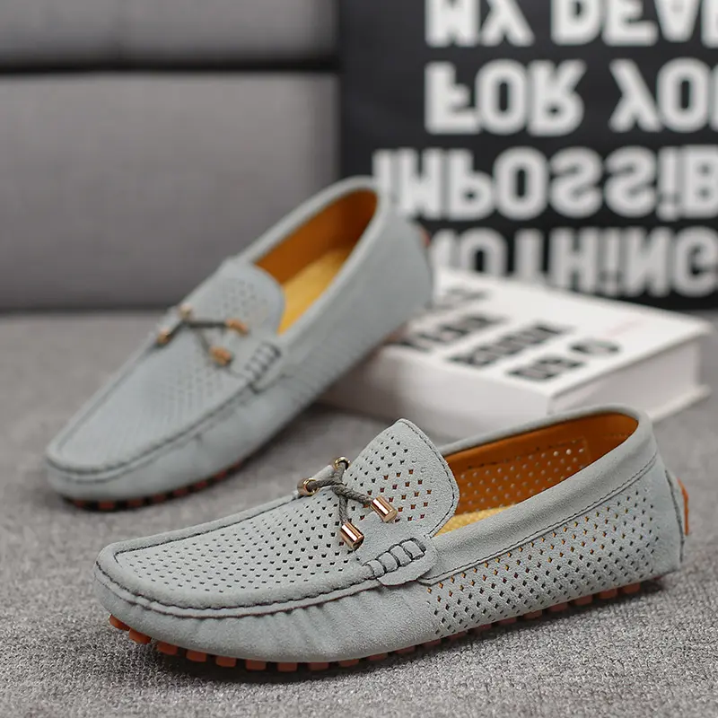 Men’s Perforated Slip-On Flat Leather Casual Footwear - Soft Sole, Breathable Driving Shoes