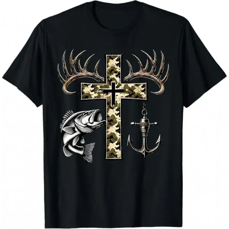 Hunting Fishing Cross Camo Faith Christian Fisherman Hunter T-Shirt ,Southern Charm Fishing Shirt - Camo Cross Antlers and Bass for a Faithful Adventure Crew Neck Unisex Premium Comfort,men's graphic tees Christmas